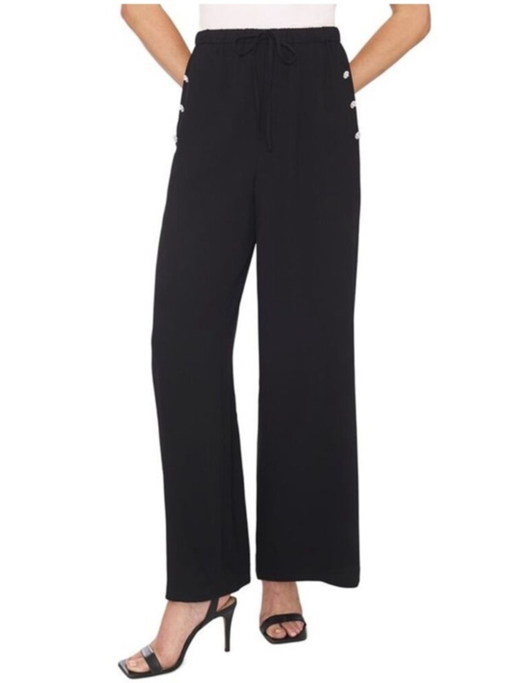 Size M,L,XL CeCe Black Wide Leg Drawstring Pants with Button Detail Faux Pockets
